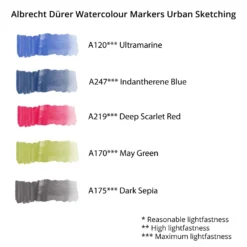 Faber-Castell Albrecht Dürer Watercolour Markers - Urban Sketch - Set Of 5 -Painting Tool Shop Faber Castell Watercolour Markers Urban Sketching swatches
